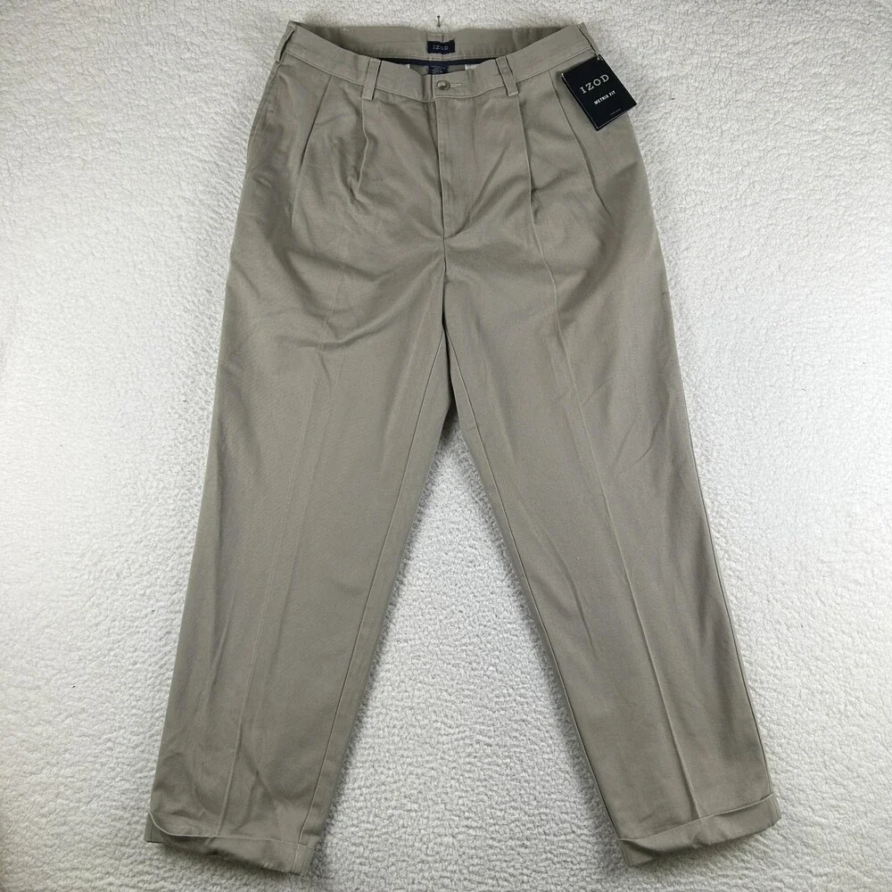 IZOD Pants Mens 35x30 Beige Wrinkle Free American Chino Pleated Cuffed